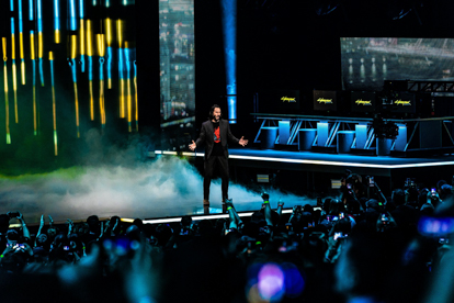 Keanu Reeves on stage at a Sony conference in Los Angeles, California.