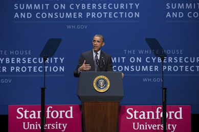President Barack Obama speaking on cybersecurity at Stanford University to promote info-sharing among the private and public sectors.
